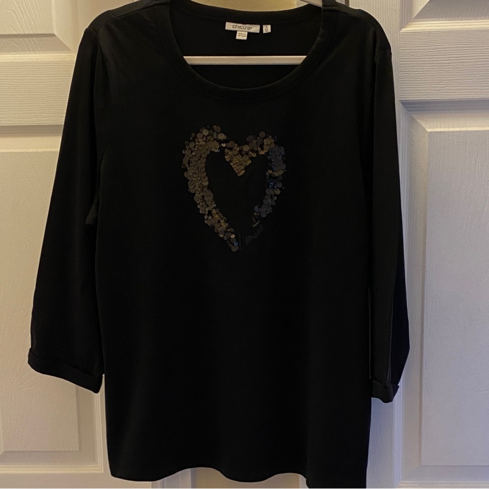 Chico's Black Long Sleeve Top with Sequin Heart